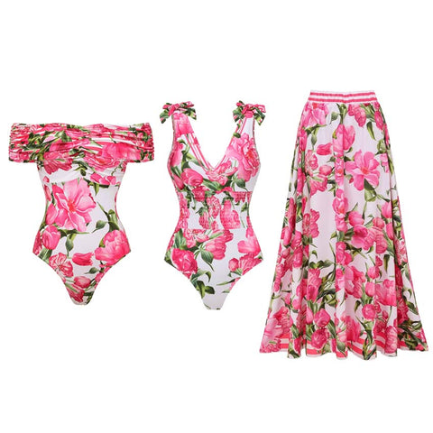 Ruched Off Shoulder Flower Print One Piece Swimsuit and Skirt	