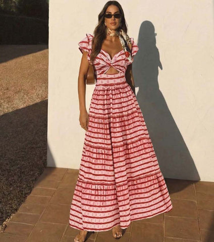 Ruffle Red Striped Printed Cut Out One Piece Swimsuit and Skirt