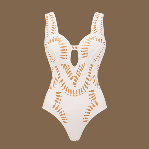 Laser White Hollow Out One Piece Swimsuit and Skirt