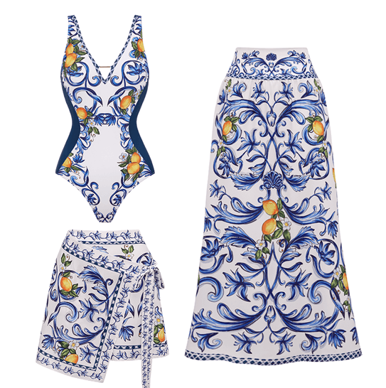 V Neck Lemon Printed Swimsuit Set(s)	