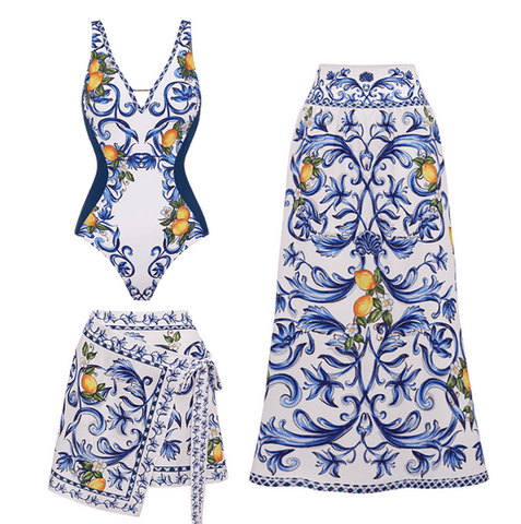 V Neck Lemon Printed Swimsuit Set(s)	