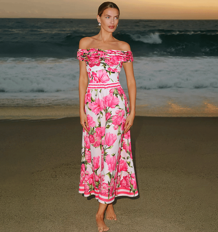 Ruched Off Shoulder Flower Print One Piece Swimsuit and Skirt	