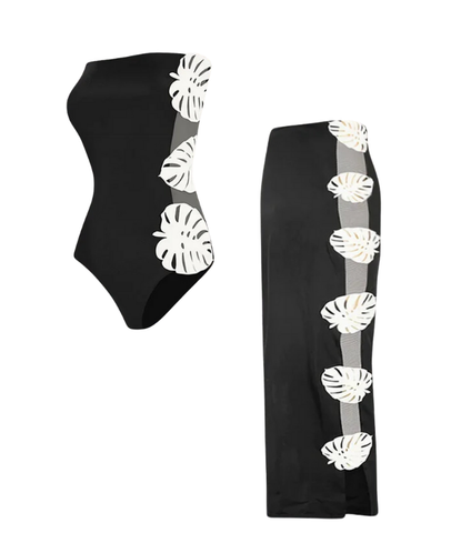 Bandeau Side Cutout  Black One Piece Swimsuit and Skirt