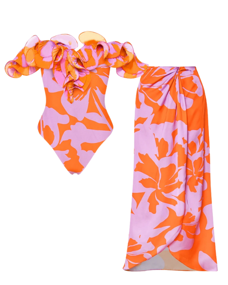 Off Shoulder Ruffled Printed One Piece Swimsuit and Skirt