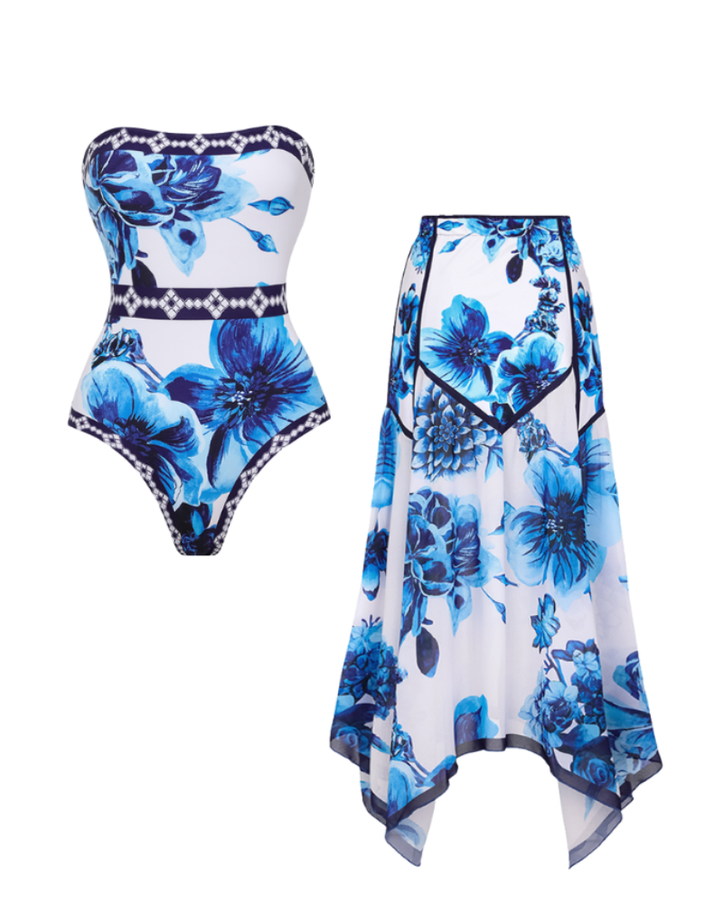 Floral Series Pattern Print One Piece Swimsuit and Skirt