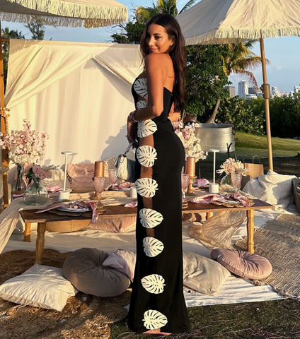 Bandeau Side Cutout  Black One Piece Swimsuit and Skirt