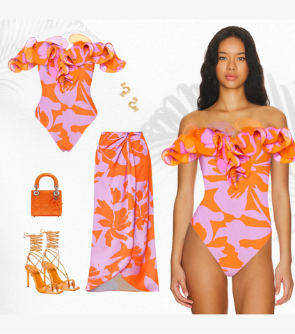 Off Shoulder Ruffled Printed One Piece Swimsuit and Skirt