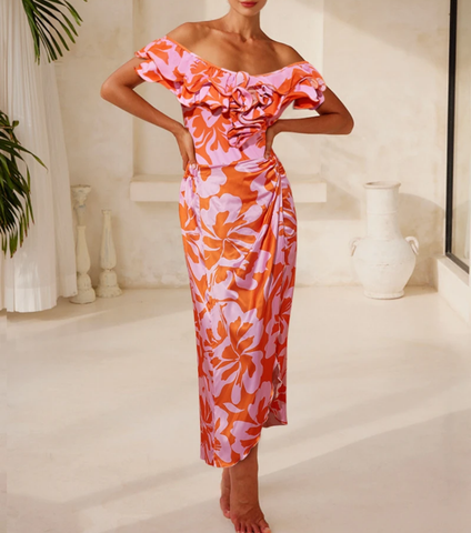 Off Shoulder Ruffled Printed One Piece Swimsuit and Skirt