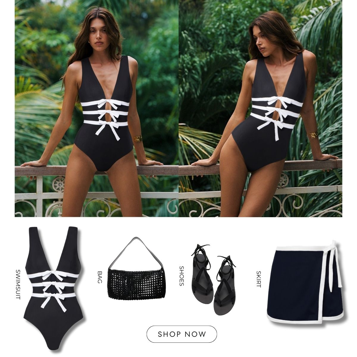 Bowknot Decor Black One Piece Swimsuit and Skirt	