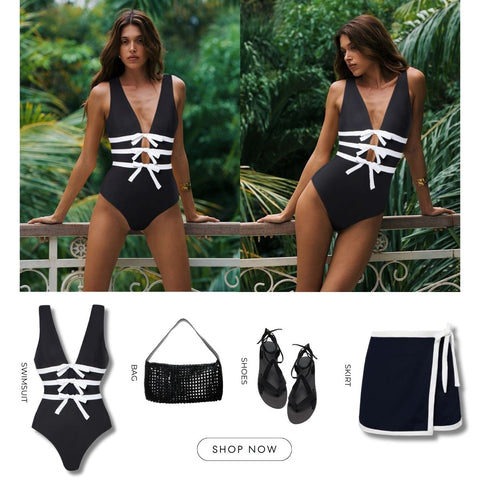 Bowknot Decor Black One Piece Swimsuit and Skirt	
