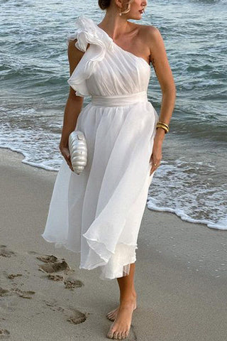 Oblique Shoulder Ruffle Dress
