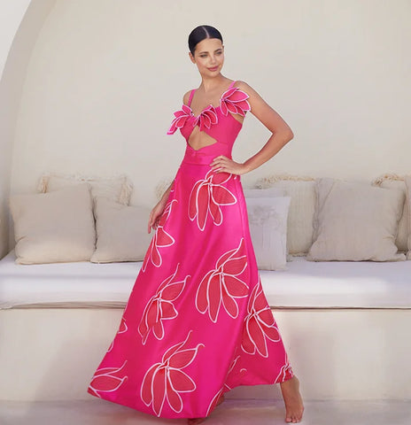 3D Flower Hot Pink Cutout One Piece Swimsuit and Skirt