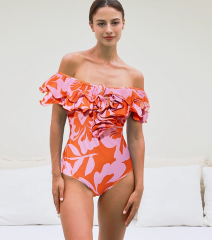 Off Shoulder Ruffled Printed One Piece Swimsuit and Skirt