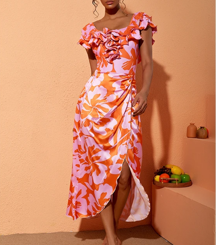 Off Shoulder Ruffled Printed One Piece Swimsuit and Skirt