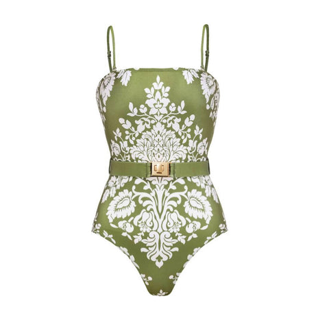 Retro Print Removable Belt Detail Sling One Piece Swimsuit and sarong