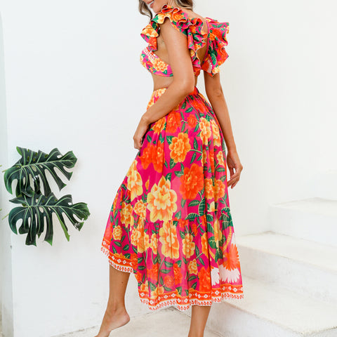 Ruffle Contrast Print Bikini Swimsuit and Skirt