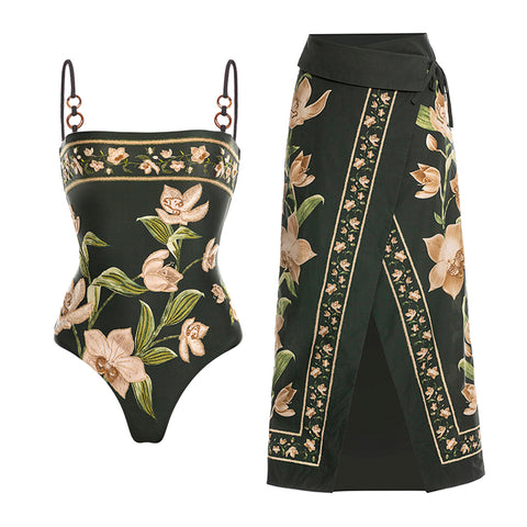 Embroidery Flower Printed One Piece Swimsuit and sarong
