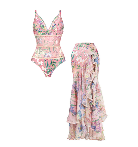 V Neck Floral Print One Piece Swimsuit and Mesh Splicing Skirt