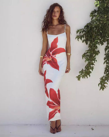Sling Backless Blossom Print Slit  Dress