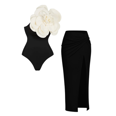 3D Flower One Shoulder One Piece Swimsuit and Skirt