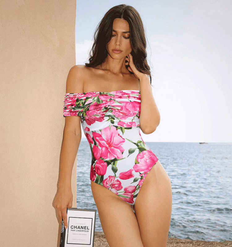 Ruched Off Shoulder Flower Print One Piece Swimsuit and Skirt	