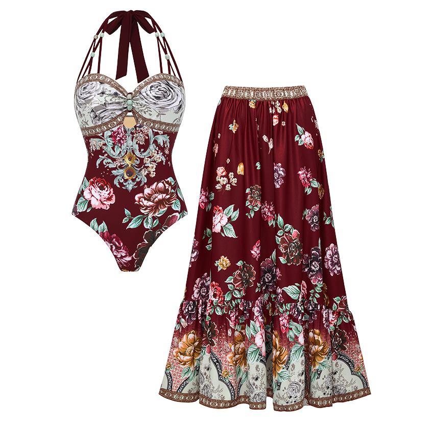 Neckband Peony Print Swimsuit Set(s)	