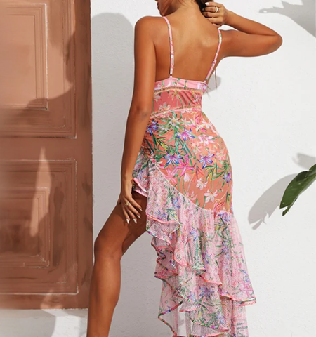 V Neck Floral Print One Piece Swimsuit and Mesh Splicing Skirt