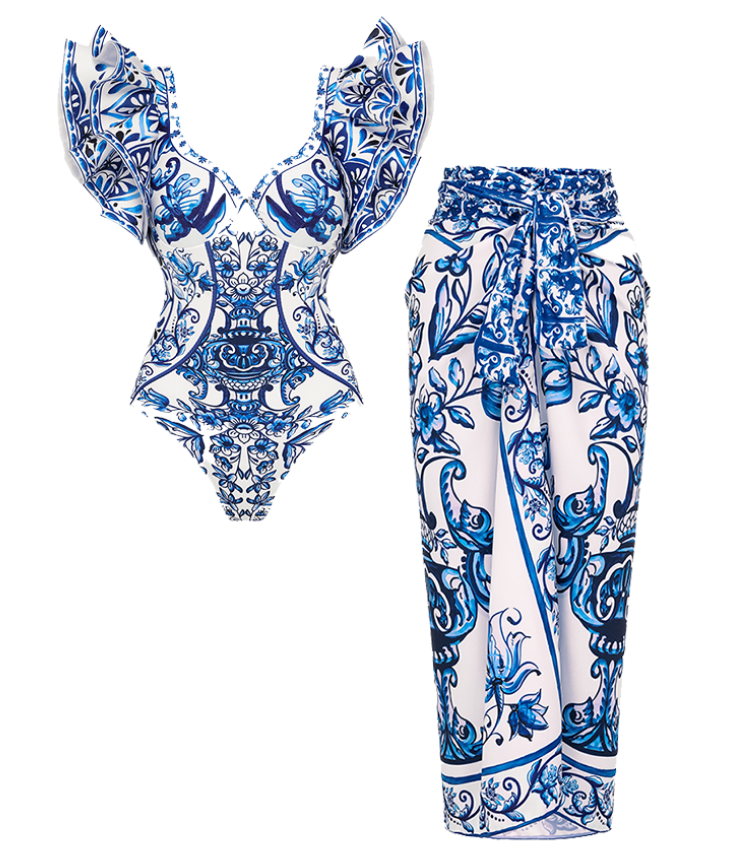 Ruffle Blue and White Porcelain Pattern Majolica Print One Piece Swimsuit and Skirt or Sarong	