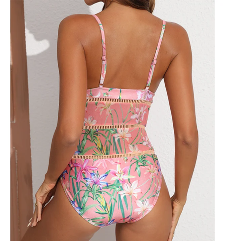 V Neck Floral Print One Piece Swimsuit and Mesh Splicing Skirt