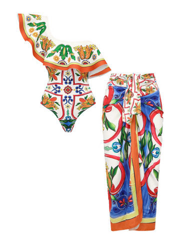 One Shoulder Ruffle Paisley-print One Piece Swimsuit and sarong or Pants