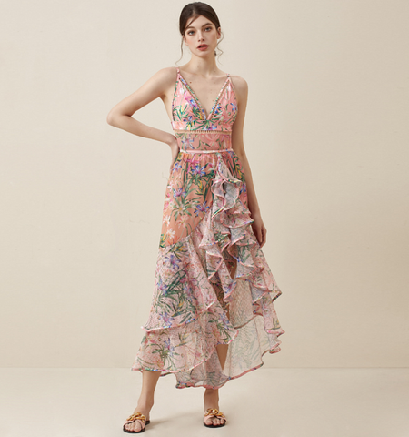 V Neck Floral Print One Piece Swimsuit and Mesh Splicing Skirt