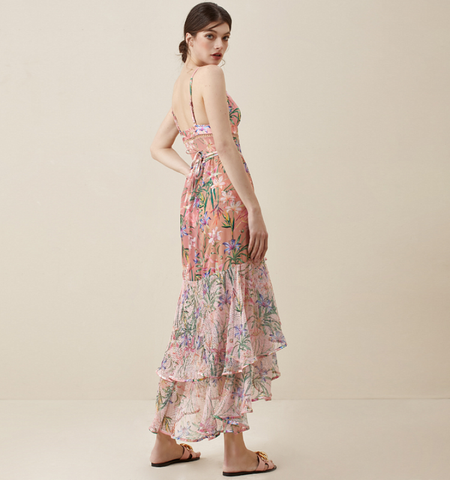 V Neck Floral Print One Piece Swimsuit and Mesh Splicing Skirt