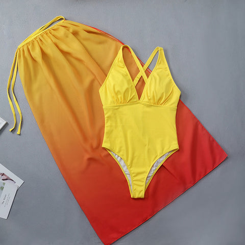 Sling Solid Color One Piece Swimsuit and Skirt