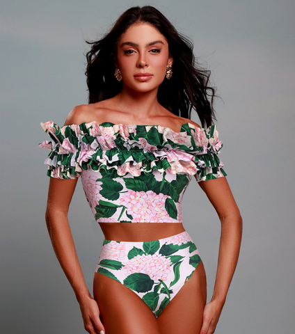 Bandeau Ruffle Floral Print Bikini Swimsuit and Skirt Flaxmaker	