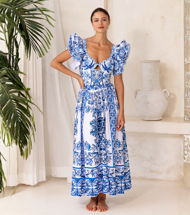 Ruffle Blue and White Porcelain Pattern Majolica Print One Piece Swimsuit and Skirt or Sarong	