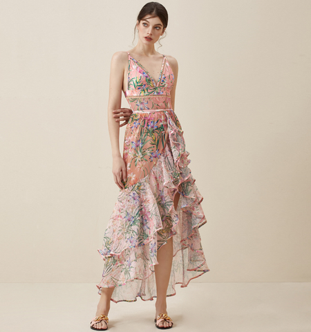 V Neck Floral Print One Piece Swimsuit and Mesh Splicing Skirt
