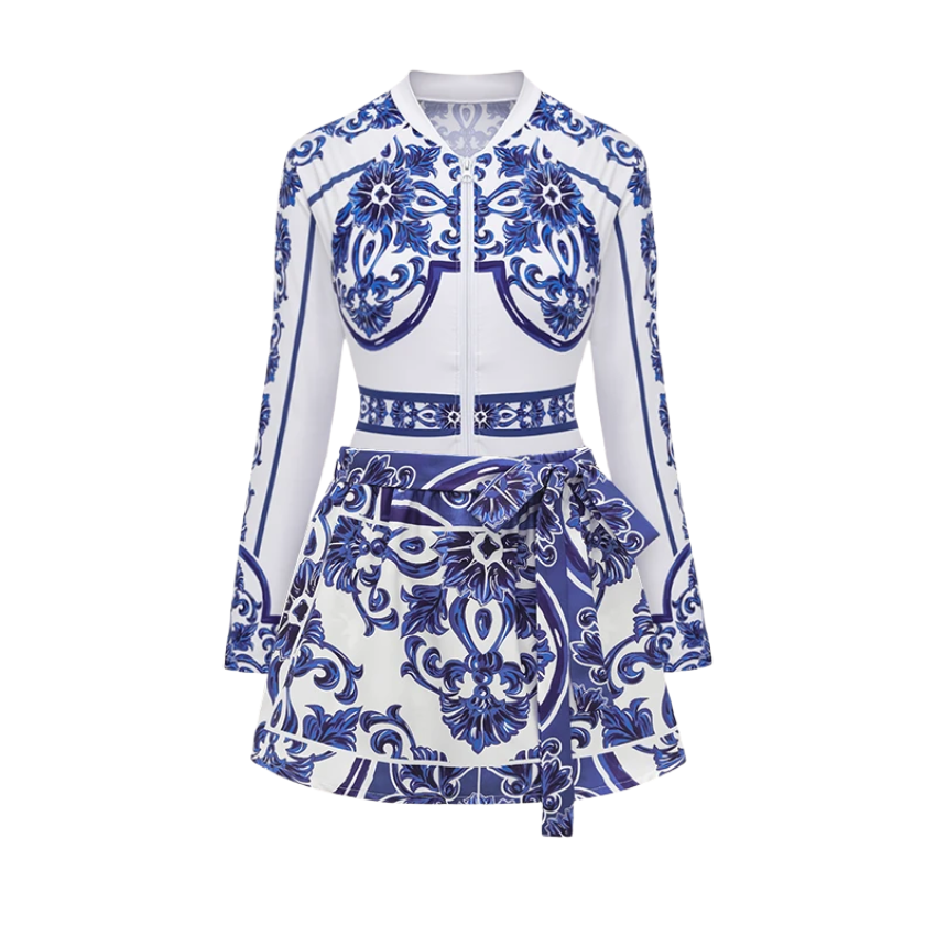 Surfing Wetsuit Classic Majolica Series Pattern Print One Piece Swimsuit and Pants or Shorts	