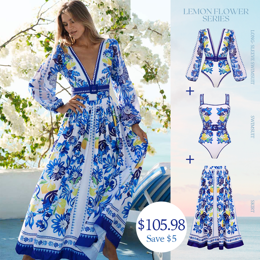 Sling Lemon and Creative Pattern Print One Piece Swimsuit and Skirt	