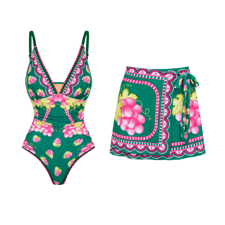 Deep V Retro Green Grapes Print One Piece Swimsuit and Skirt	