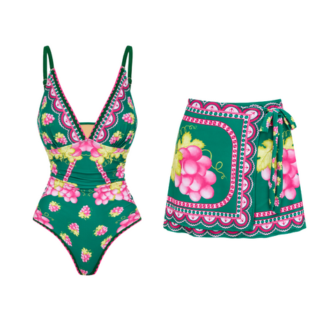 Deep V Retro Green Grapes Print One Piece Swimsuit and Skirt	