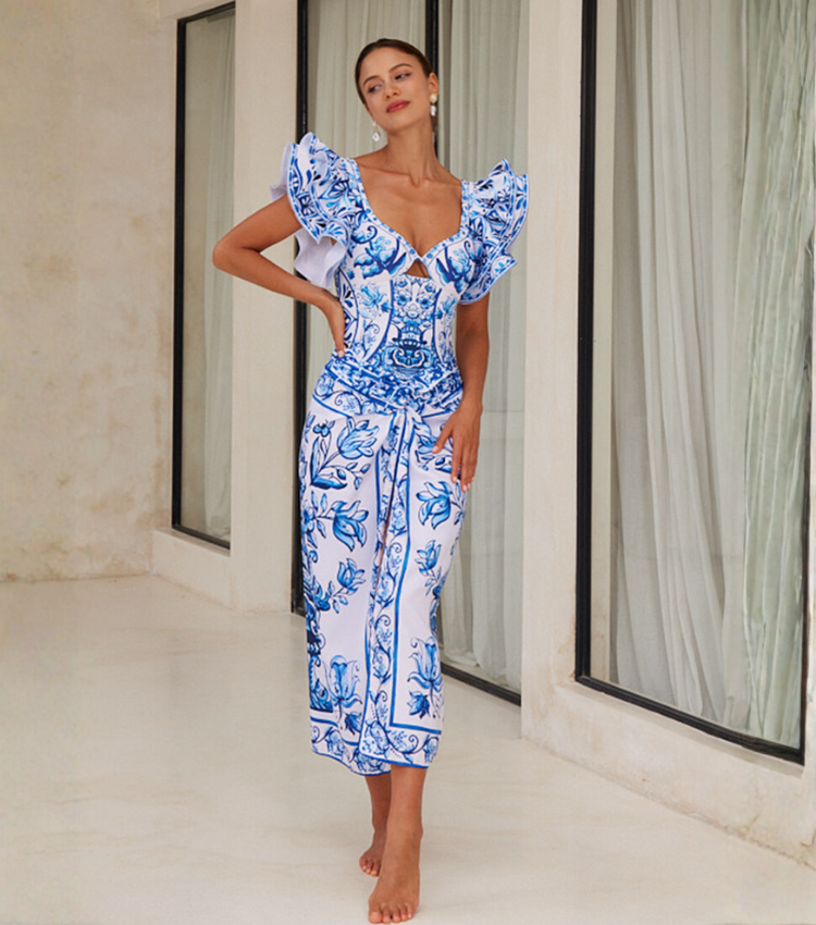 Ruffle Blue and White Porcelain Pattern Majolica Print One Piece Swimsuit and Skirt or Sarong	