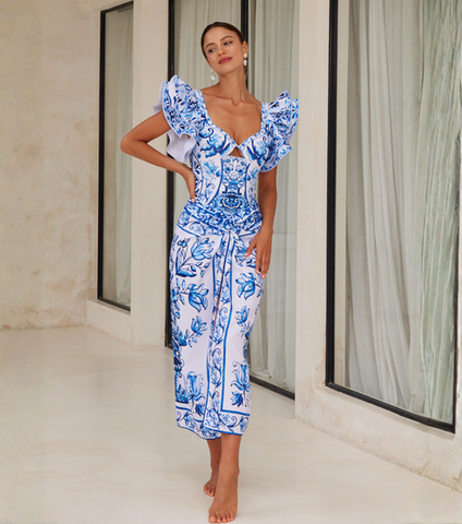 Ruffle Blue and White Porcelain Pattern Majolica Print One Piece Swimsuit and Skirt or Sarong	