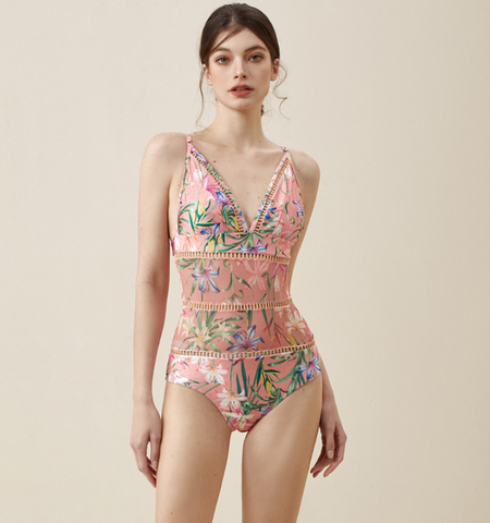 V Neck Floral Print One Piece Swimsuit and Mesh Splicing Skirt