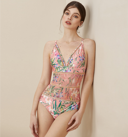 V Neck Floral Print One Piece Swimsuit and Mesh Splicing Skirt