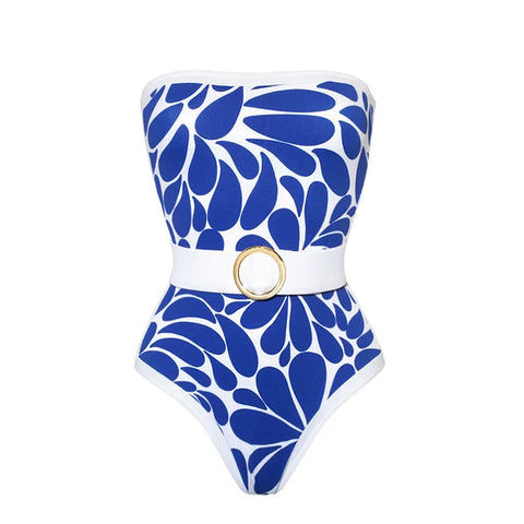 Bandeau Printed One Piece Swimsuit With Belt and Cover Up
