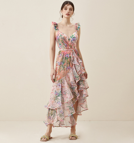 V Neck Floral Print One Piece Swimsuit and Mesh Splicing Skirt