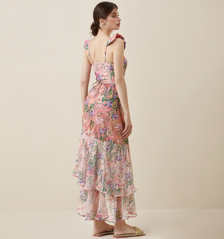 V Neck Floral Print One Piece Swimsuit and Mesh Splicing Skirt