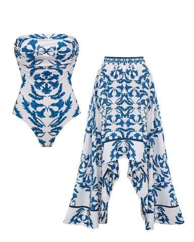 Strapless Style Frilled Printed One Piece Swimsuit and Skirt