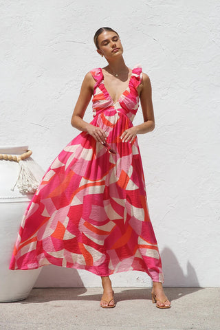 Ruffle V Neck Maxi Dress