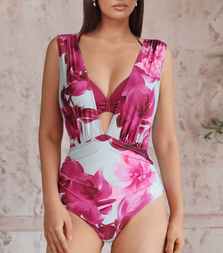 Abstract Floral Printed Two-piece Swimsuit and Skirt	
